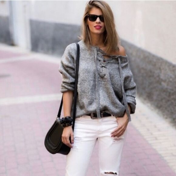 Zara Lace Up Oversized Sweater With Wool in Grey Size S - Picture 1 of 13